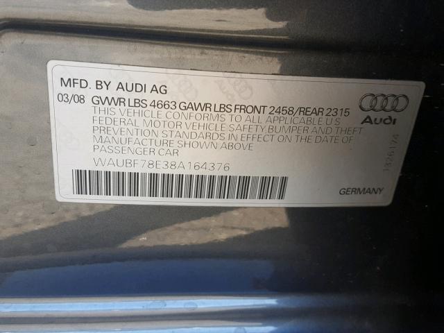 WAUBF78E38A164376 - 2008 AUDI A4 S-LINE CHARCOAL photo 10