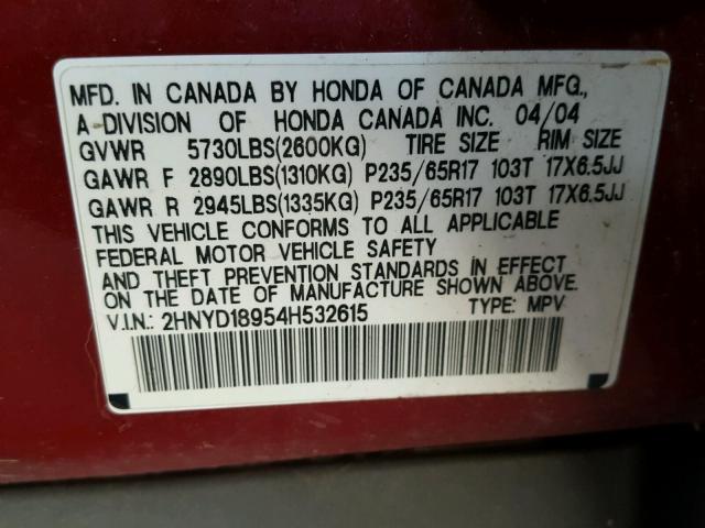 2HNYD18954H532615 - 2004 ACURA MDX TOURIN RED photo 10