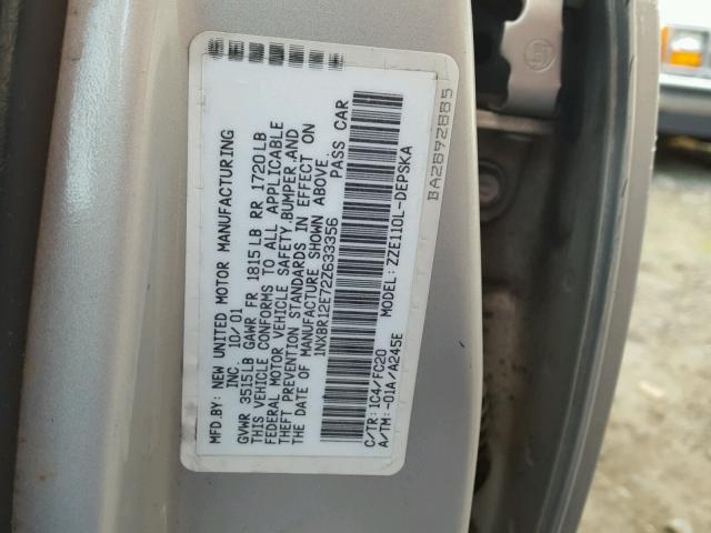 1NXBR12E72Z633356 - 2002 TOYOTA COROLLA CE SILVER photo 10