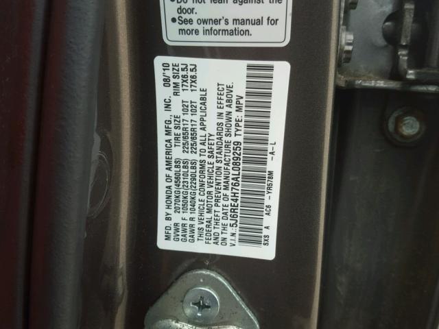 5J6RE4H76AL089259 - 2010 HONDA CR-V EXL GRAY photo 10