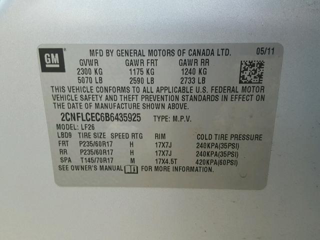 2CNFLCEC6B6435925 - 2011 CHEVROLET EQUINOX SILVER photo 10