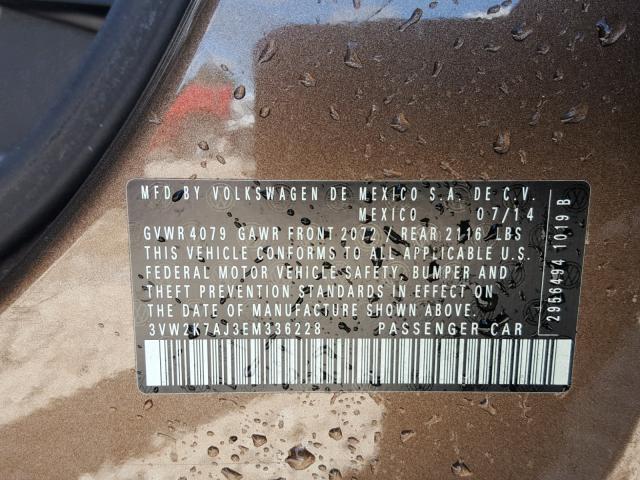 3VW2K7AJ3EM336228 - 2014 VOLKSWAGEN JETTA BASE BROWN photo 10