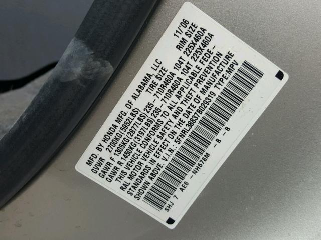 5FNRL38837B029319 - 2007 HONDA ODYSSEY TO GOLD photo 10