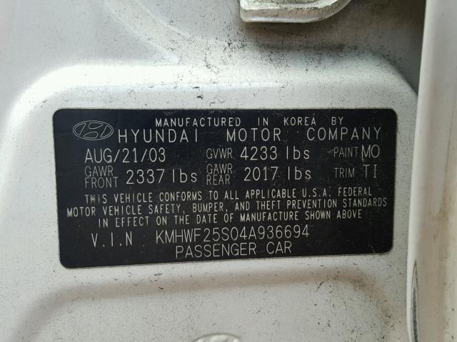 KMHWF25S04A936694 - 2004 HYUNDAI SONATA GL WHITE photo 10