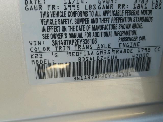 3N1AB7AP2EY336106 - 2014 NISSAN SENTRA S SILVER photo 10