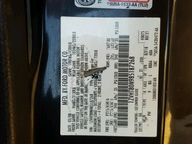 1ZVHT80N985187268 - 2008 FORD MUSTANG BLACK photo 10