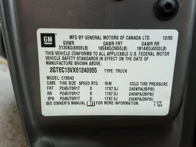 2GTEC13VX61240955 - 2006 GMC NEW SIERRA GRAY photo 10