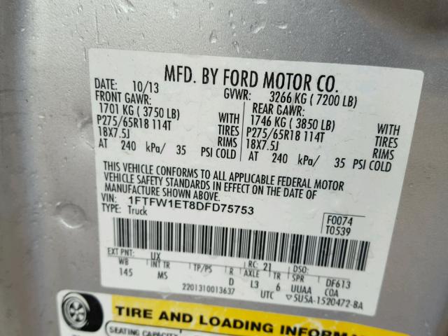 1FTFW1ET8DFD75753 - 2013 FORD F150 SILVER photo 10