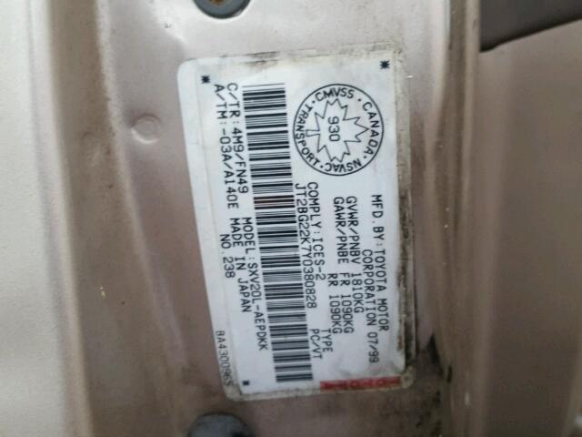 JT2BG22K7Y0380828 - 2000 TOYOTA CAMRY CE BEIGE photo 10