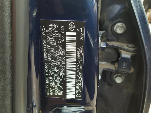 JTDBT923181201083 - 2008 TOYOTA YARIS BLUE photo 10