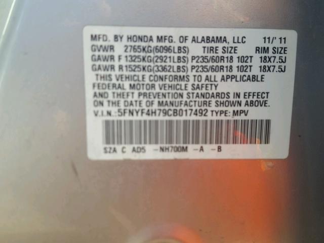 5FNYF4H79CB017492 - 2012 HONDA PILOT EXLN SILVER photo 10