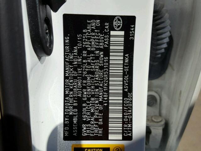 4T4BF1FK2GR531016 - 2016 TOYOTA CAMRY LE 白色 照片 10