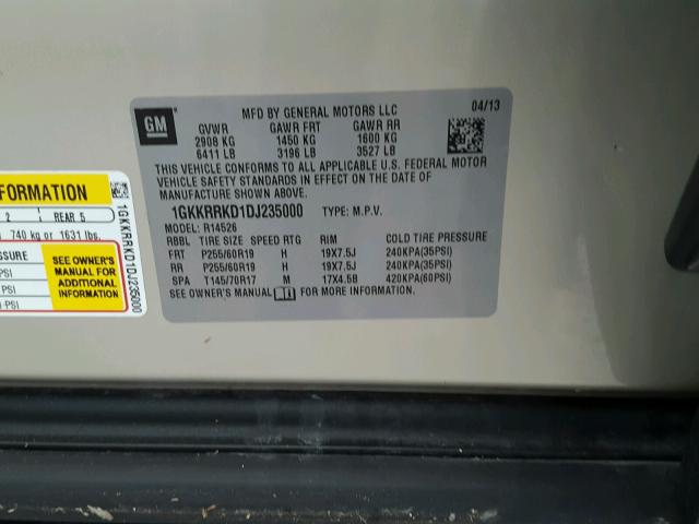 1GKKRRKD1DJ235000 - 2013 GMC ACADIA SLT ოქროსფერი ფოტო 10