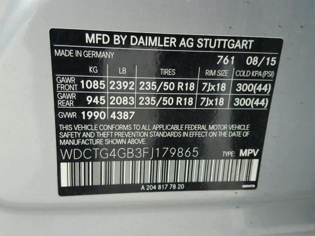 WDCTG4GB3FJ179865 - 2015 MERCEDES-BENZ GLA 250 4M GRAY photo 10