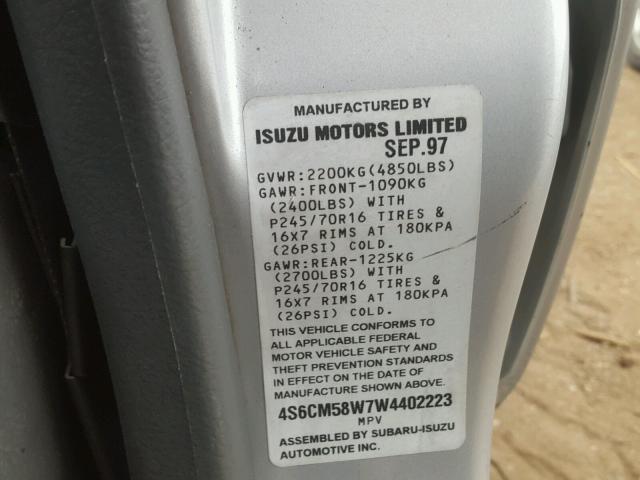 4S6CM58W7W4402223 - 1998 HONDA PASSPORT E SILVER photo 10