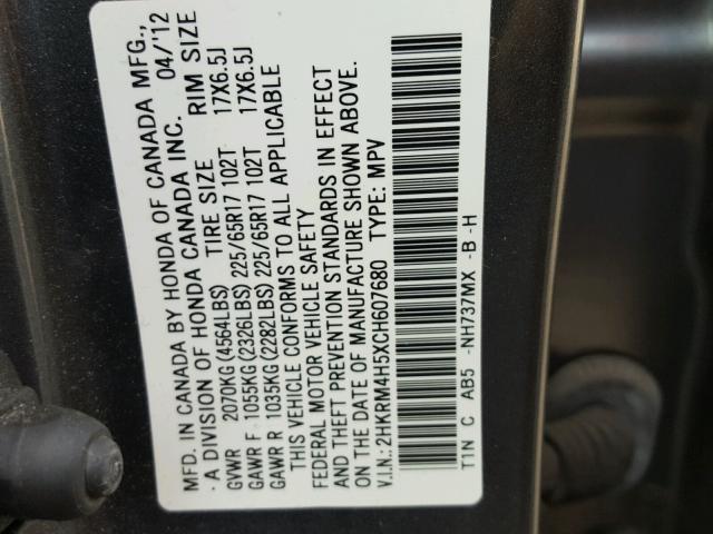 2HKRM4H5XCH607680 - 2012 HONDA CR-V EX ნაცრისფერი ფოტო 10