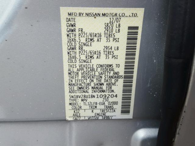 5N1BV28U18N109204 - 2008 NISSAN QUEST S SILVER photo 10