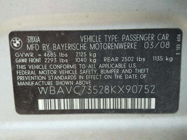 WBAVC73528KX90752 - 2008 BMW 328 XI SUL SILVER photo 10