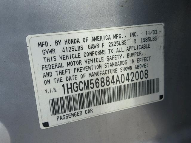 1HGCM56884A042008 - 2004 HONDA ACCORD EX GRAY photo 10