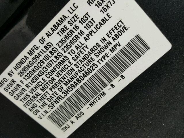 5FNRL3H59AB046025 - 2010 HONDA ODYSSEY EX GRAY photo 10