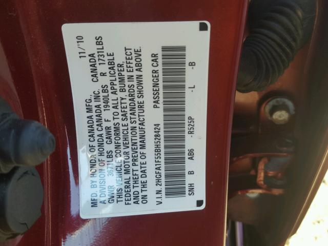 2HGFA1F55BH528424 - 2011 HONDA CIVIC LX RED photo 10