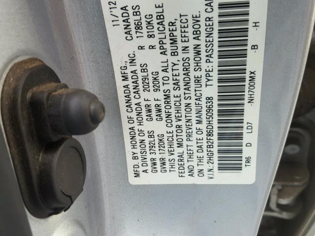 2HGFB2F86DH509638 - 2013 HONDA CIVIC EX SILVER photo 10