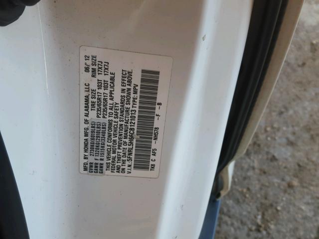 5FNRL5H66CB121013 - 2012 HONDA ODYSSEY EX WHITE photo 10