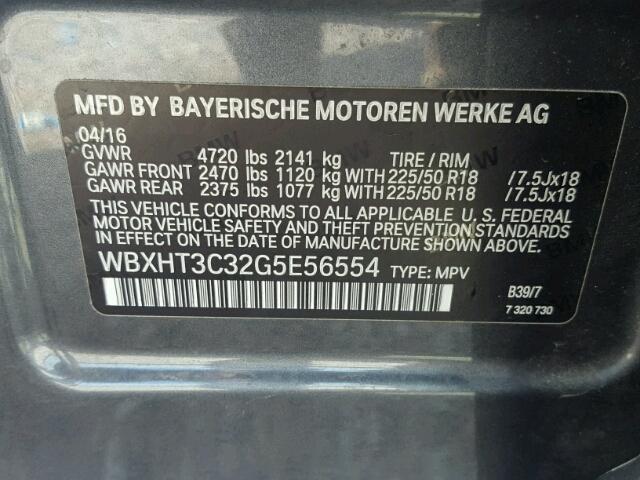 WBXHT3C32G5E56554 - 2016 BMW X1 XDRIVE2 Графитовый фото 10