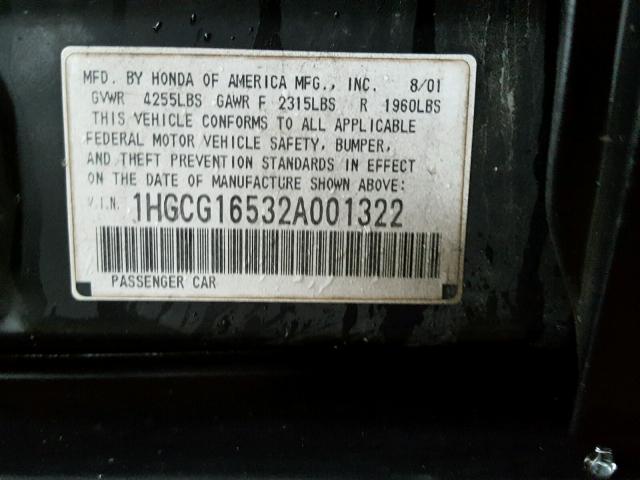 1HGCG16532A001322 - 2002 HONDA ACCORD EX BLACK photo 10