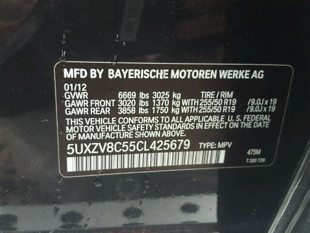 5UXZV8C55CL425679 - 2012 BMW X5 XDRIVE5 BLACK photo 10
