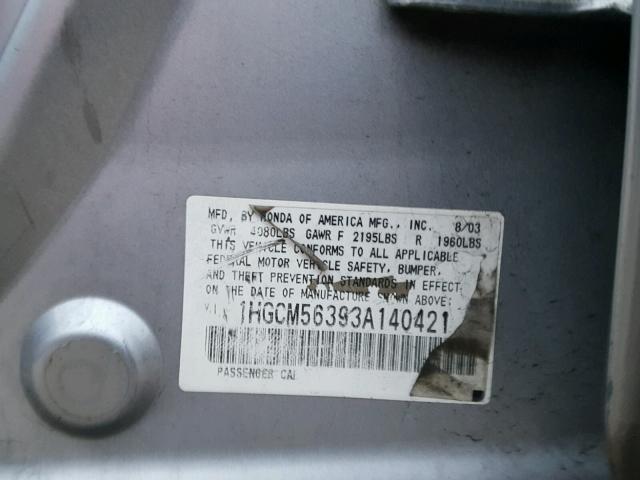 1HGCM56393A140421 - 2003 HONDA ACCORD LX SILVER photo 10