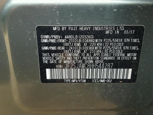 JF2SJAWC8HH544287 - 2017 SUBARU FORESTER 2 GREEN photo 10