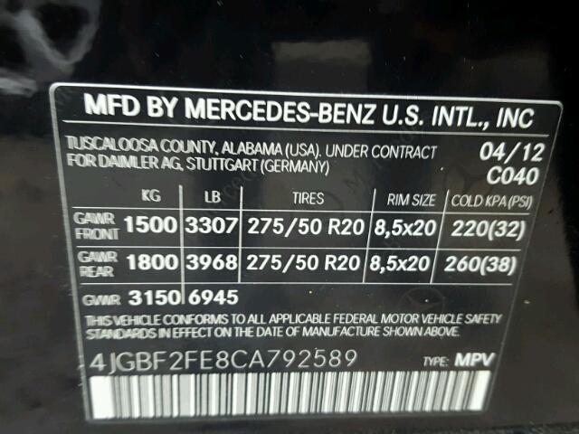 4JGBF2FE8CA792589 - 2012 MERCEDES-BENZ GL 350 BLU BLACK photo 10