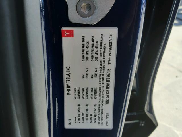 5YJ3E1EA4JF076703 - 2018 TESLA MODEL 3 أزرق صورة 10