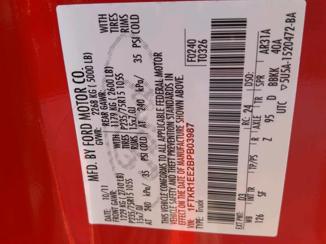 1FTKR1EE2BPB03987 - 2011 FORD RANGER SUP RED photo 10