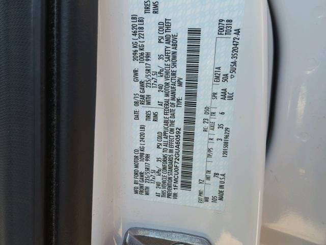 1FMCU0F72GUA60592 - 2016 FORD ESCAPE S WHITE photo 10