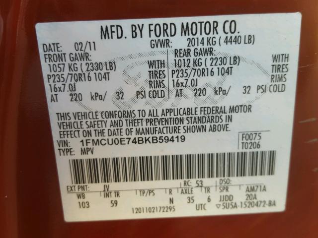 1FMCU0E74BKB59419 - 2011 FORD ESCAPE LIM RED photo 10