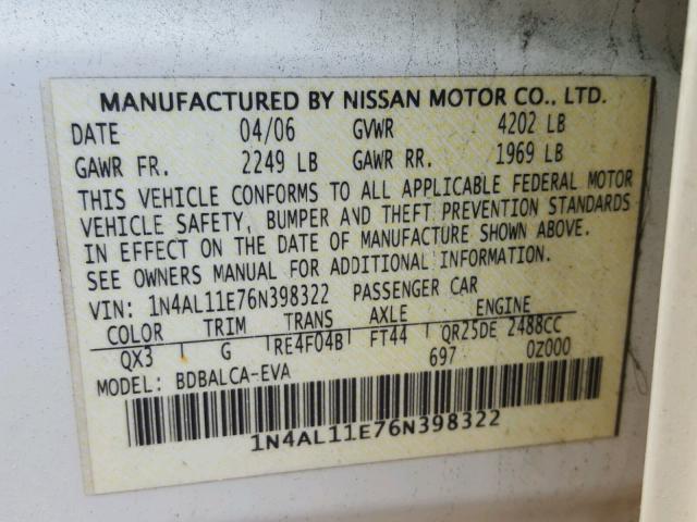 1N4AL11E76N398322 - 2006 NISSAN ALTIMA WHITE photo 10