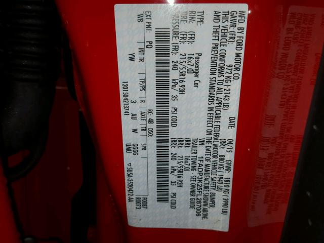 1FADP3K25FL287006 - 2015 FORD FOCUS SE RED photo 10