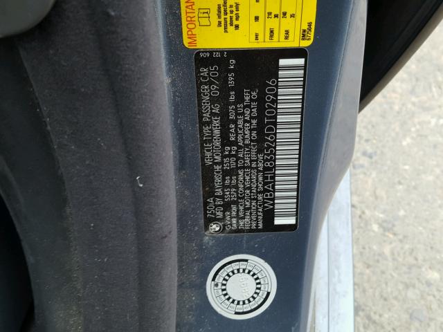 WBAHL83526DT02906 - 2006 BMW 750 I BLUE photo 10