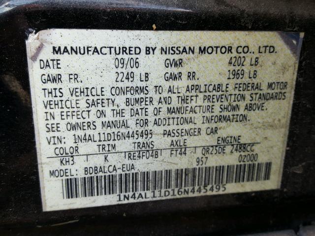 1N4AL11D16N445495 - 2006 NISSAN ALTIMA S BLACK photo 10