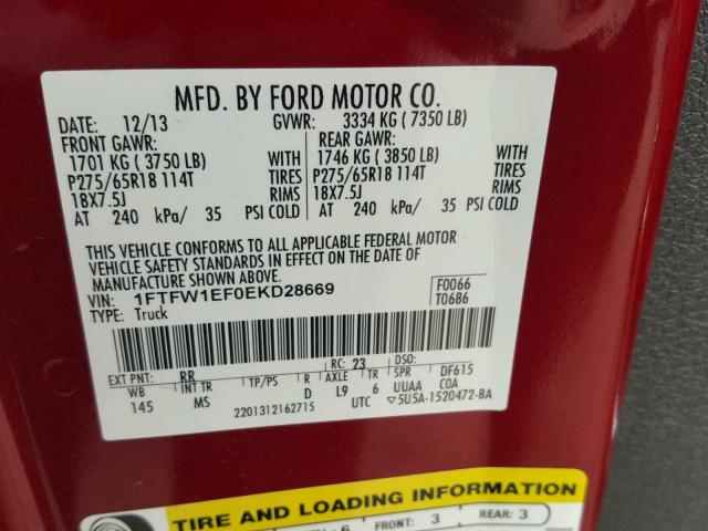 1FTFW1EF0EKD28669 - 2014 FORD F150 SUPER MAROON photo 10