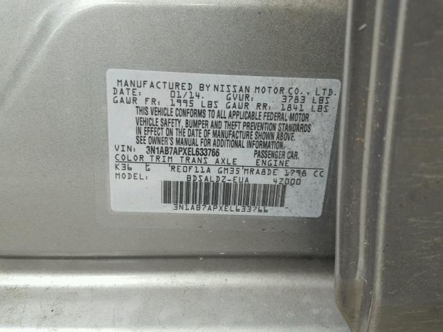 3N1AB7APXEL633766 - 2014 NISSAN SENTRA S GRAY photo 10