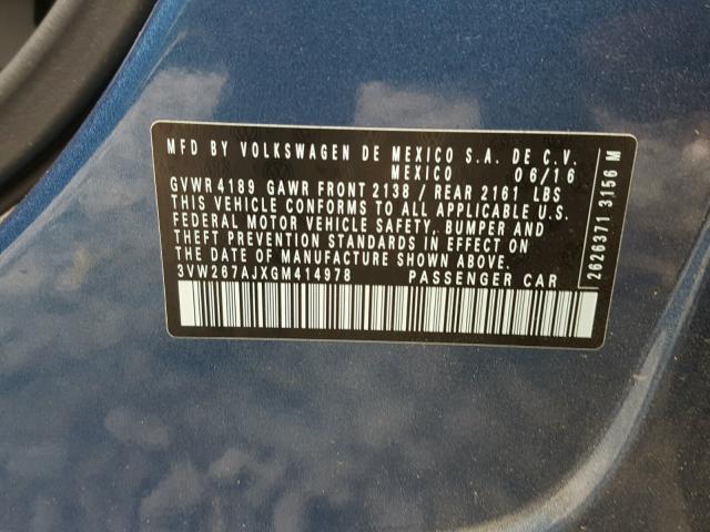 3VW267AJXGM414978 - 2016 VOLKSWAGEN JETTA S 蓝色 照片 10