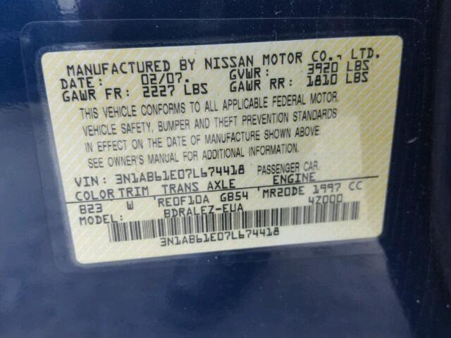 3N1AB61E07L674418 - 2007 NISSAN SENTRA 2.0 BLUE photo 10