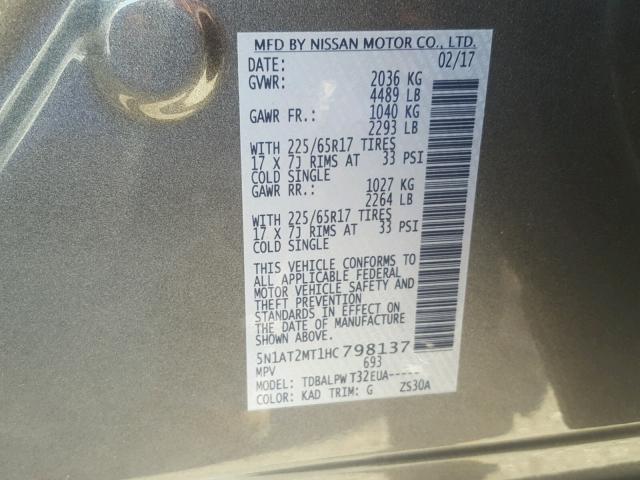 5N1AT2MT1HC798137 - 2017 NISSAN ROGUE S GRAY photo 10