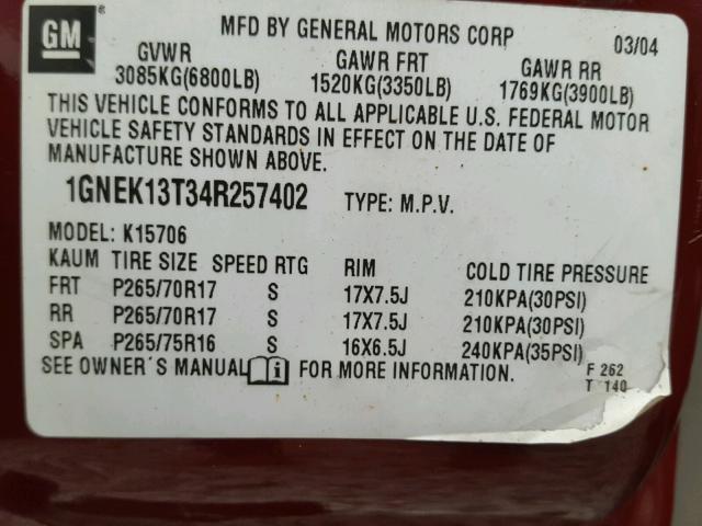 1GNEK13T34R257402 - 2004 CHEVROLET TAHOE K150 MAROON photo 10