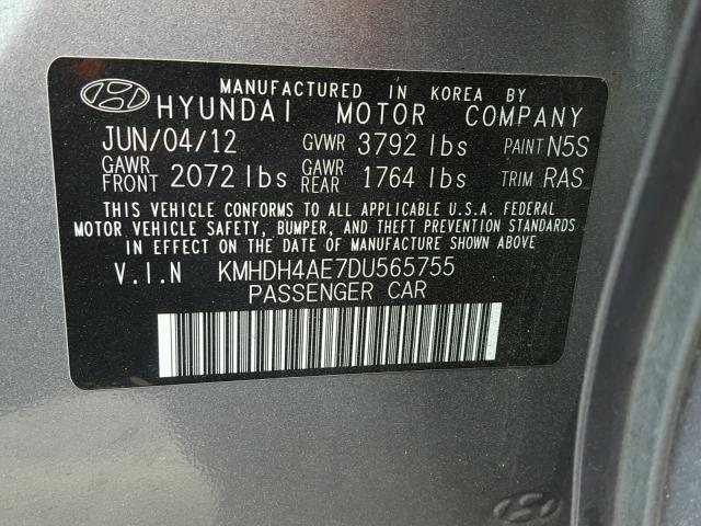 KMHDH4AE7DU565755 - 2013 HYUNDAI ELANTRA GL GRAY photo 10