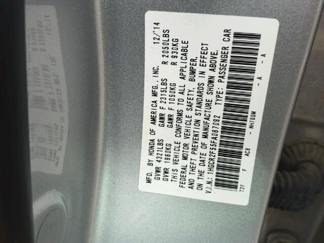 1HGCR2F55FA087092 - 2015 HONDA ACCORD SPO SILVER photo 10