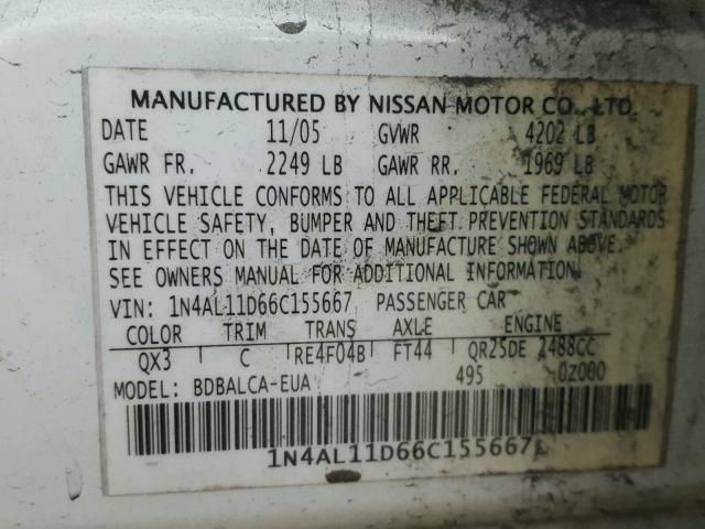 1N4AL11D66C155667 - 2006 NISSAN ALTIMA S WHITE photo 10